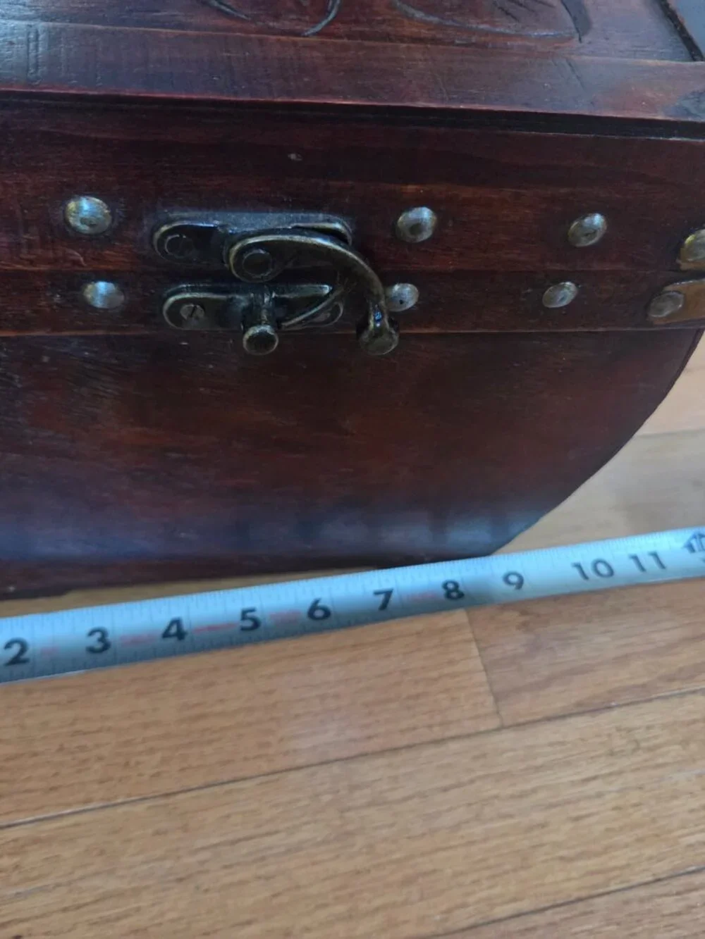 vintage decorative wooden storage chest brass metal brackets and studs